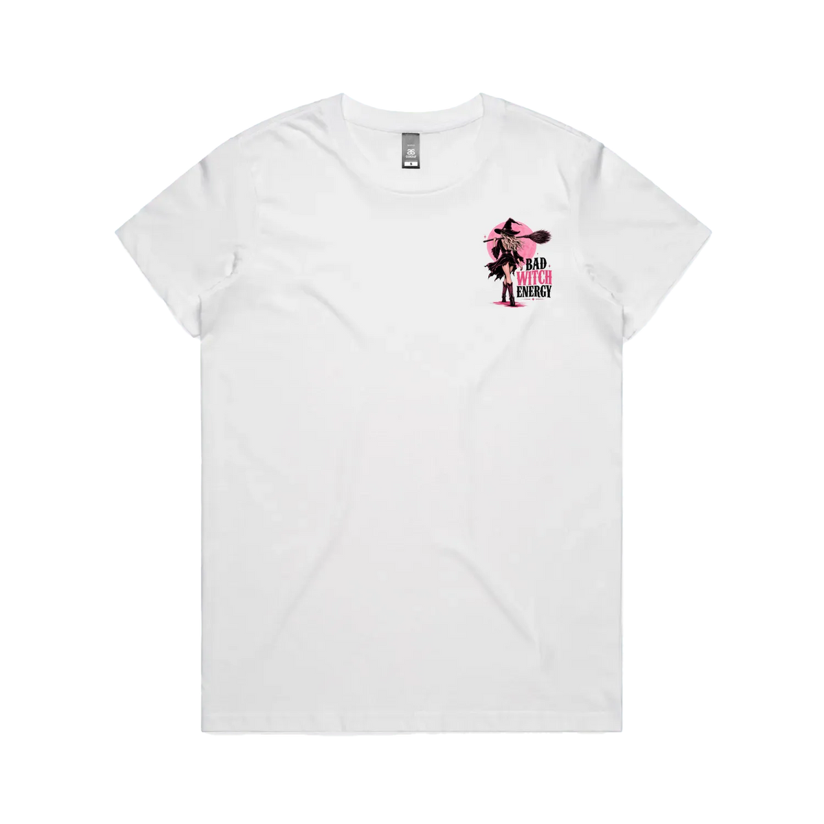 A white short-sleeve crewneck t-shirt with a small graphic on the left chest featuring a pink and black silhouette of a woman holding a basketball next to the text 'BAD WITH ENERGY'.