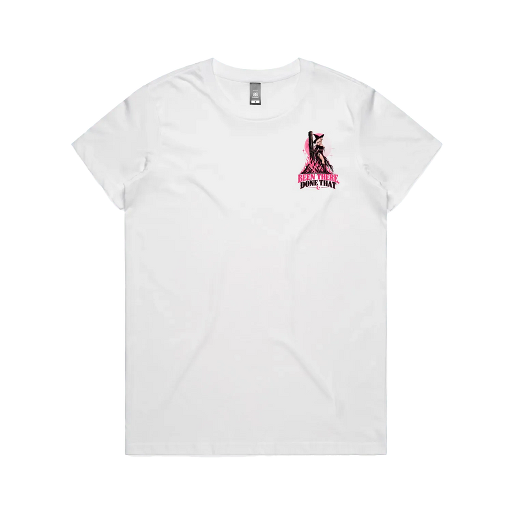 A white short-sleeve crewneck t-shirt with a small pink and black graphic on the left chest, displayed flat against a solid white background.