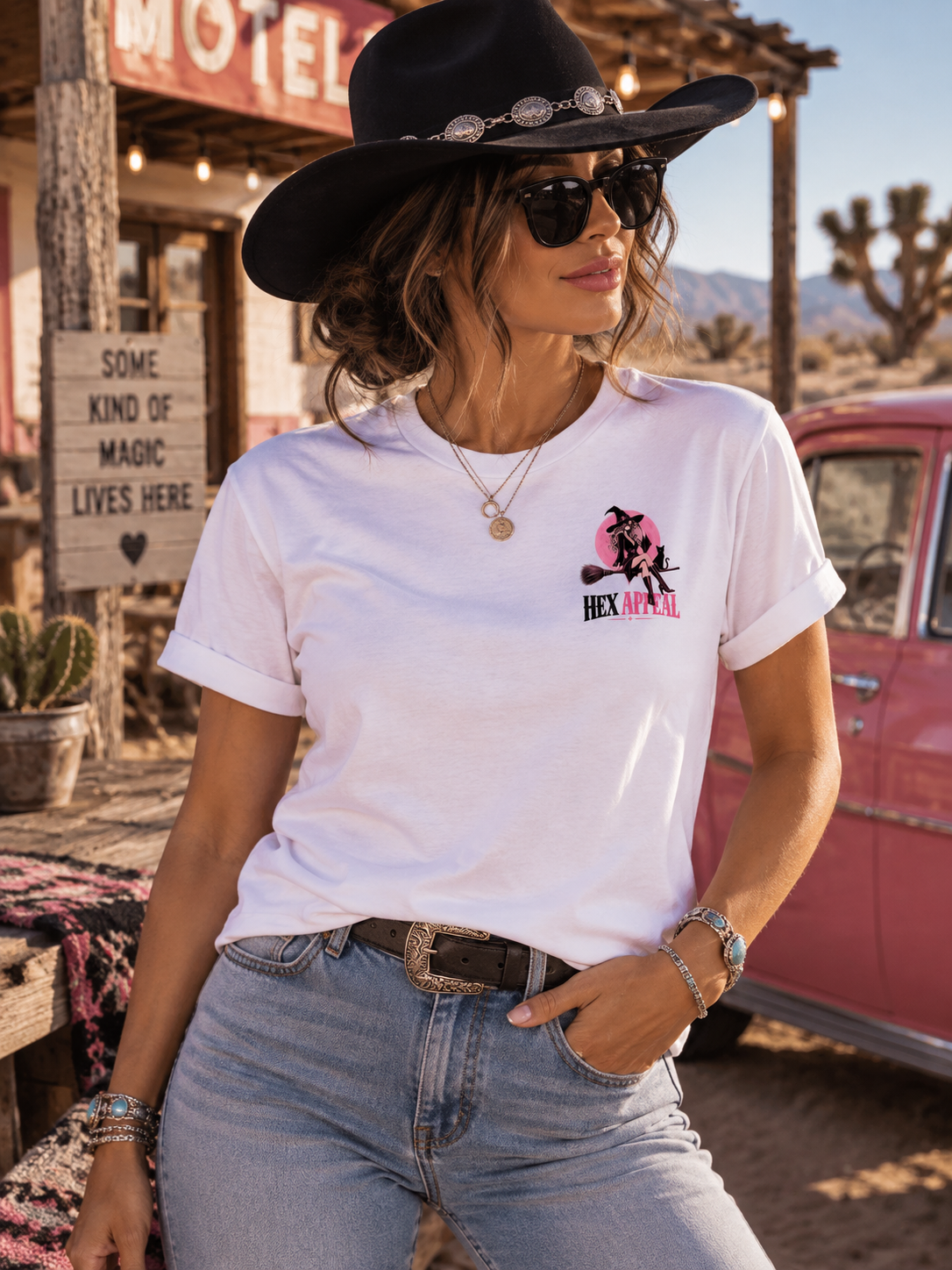 A woman wearing a white graphic t-shirt with a pink and black 'Hex Hex' witch illustration, styled with a black cowboy hat, sunglasses, and light blue jeans in a desert western setting.