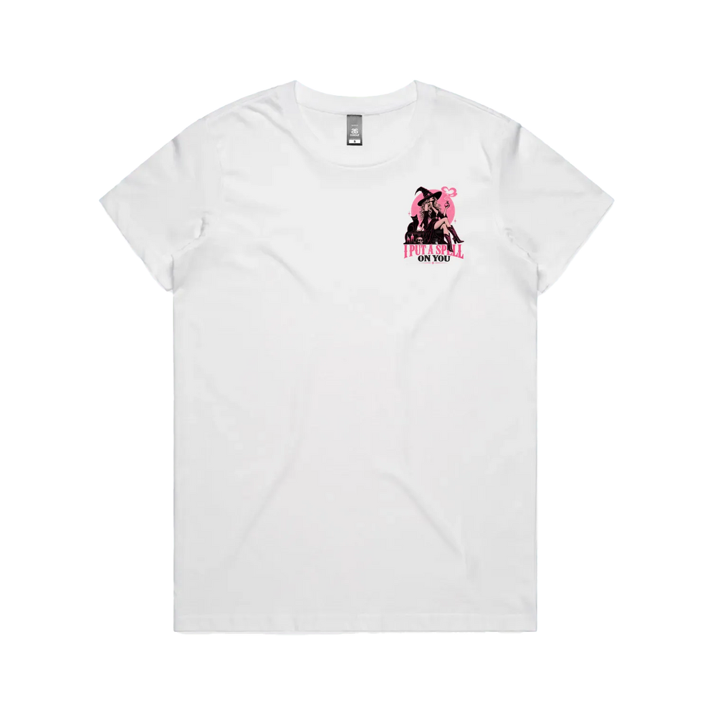 A white short-sleeve crewneck t-shirt with a small pink and black graphic on the left chest featuring a teddy bear and the text 'PUPPY LOVE'.