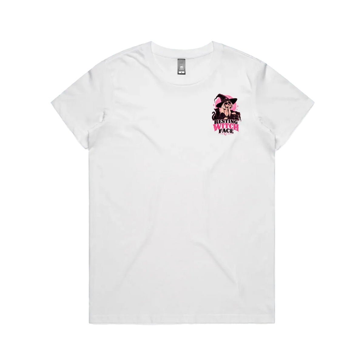 White t-shirt with pink logo on a white background