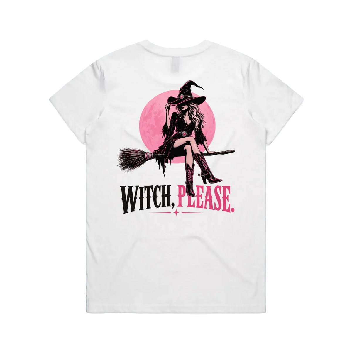 White short-sleeve t-shirt with a graphic print of a witch sitting on a broomstick in front of a pink moon, with the text 'WITCH, PLEASE.' below.