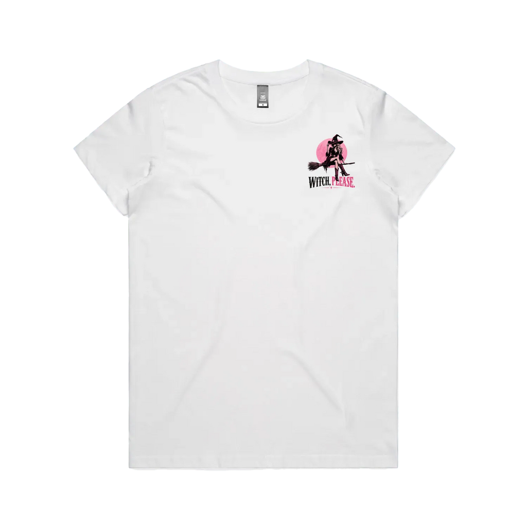 A white short-sleeve crewneck t-shirt with a small graphic on the left chest showing a witch riding a broomstick in front of a pink sun, with the text 'WITCH MODE' below.